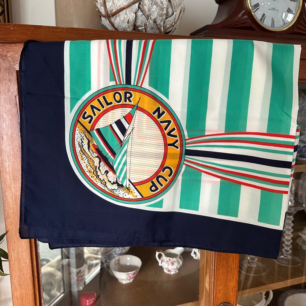 VTG Womens Sailor Navy Cup Nautical Scarf Blue White Navy Green Striped Sailboat